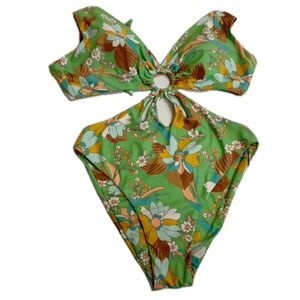 Power 2 The Flower One Piece Swimsuit Womens Large Green Floral Retro Cutout